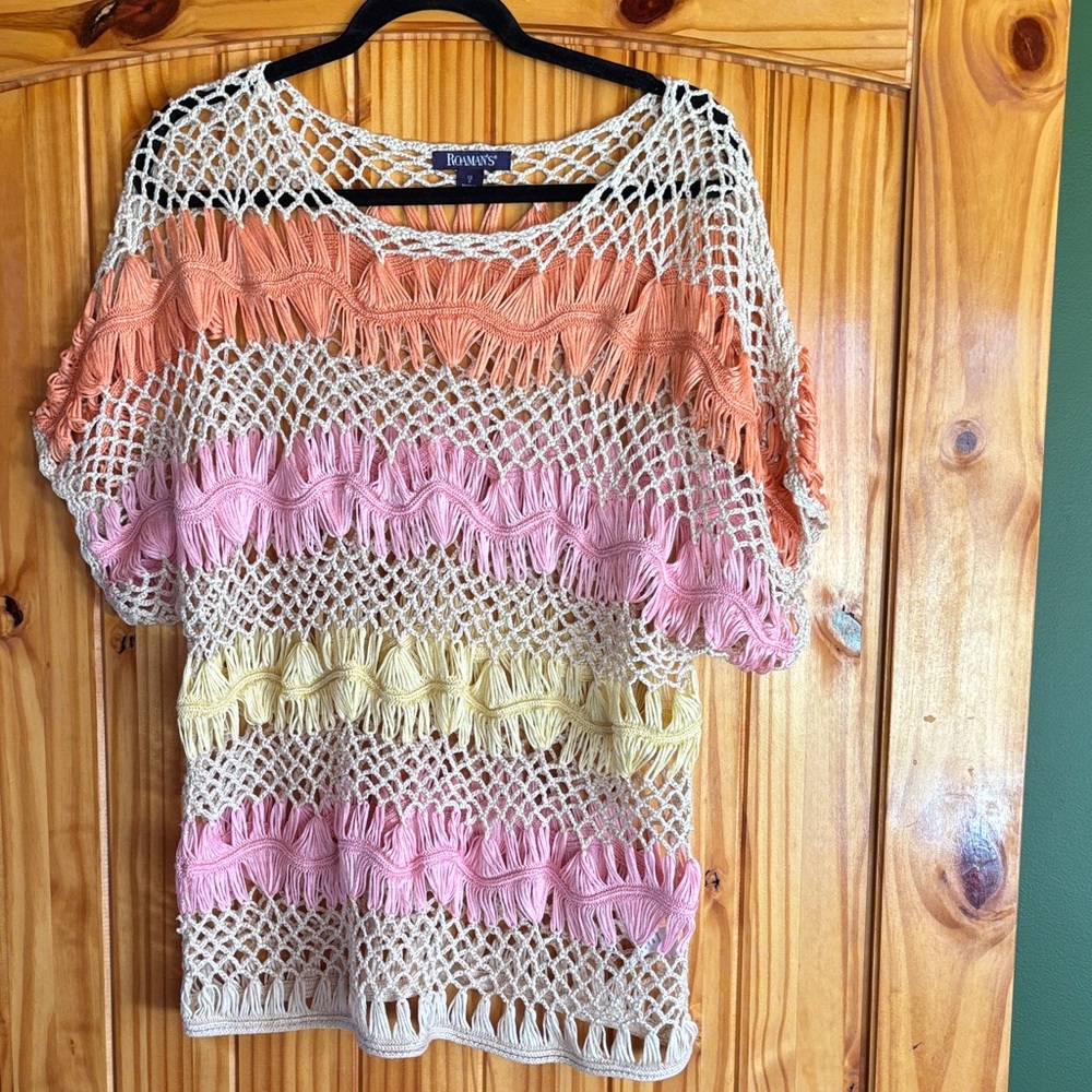Roaman's Crochet Knit Top with Peach and Cream